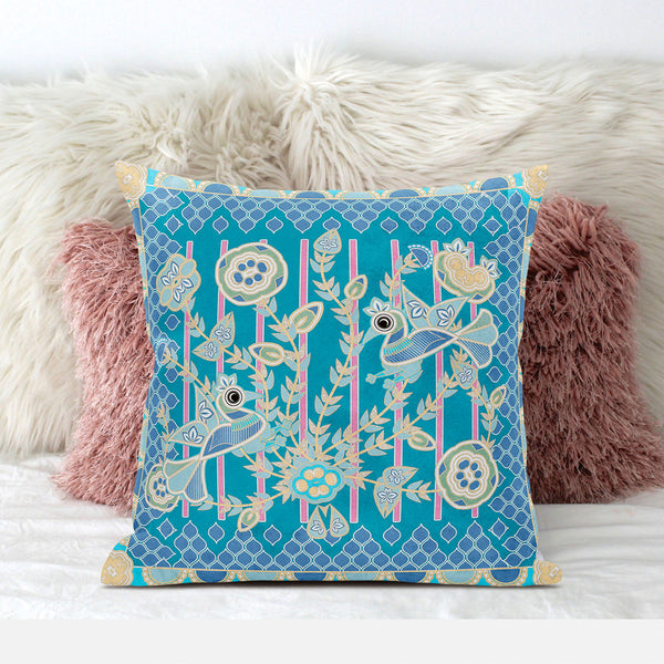 Homeroots 26" X 26" Blue And Green Peacock Blown Seam Floral Indoor Outdoor Throw Pillow  Polyester And Cotton Blend 481852