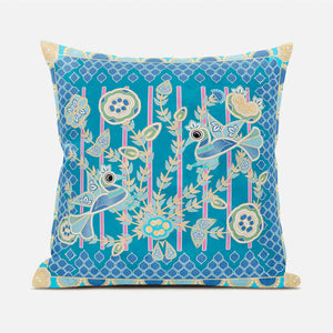 Homeroots 26" X 26" Blue And Green Peacock Blown Seam Floral Indoor Outdoor Throw Pillow  Polyester And Cotton Blend 481852