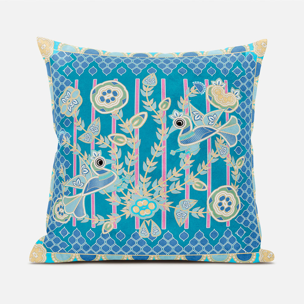 Homeroots 28" X 28" Blue And Green Peacock Blown Seam Floral Indoor Outdoor Throw Pillow  Polyester And Cotton Blend 481853