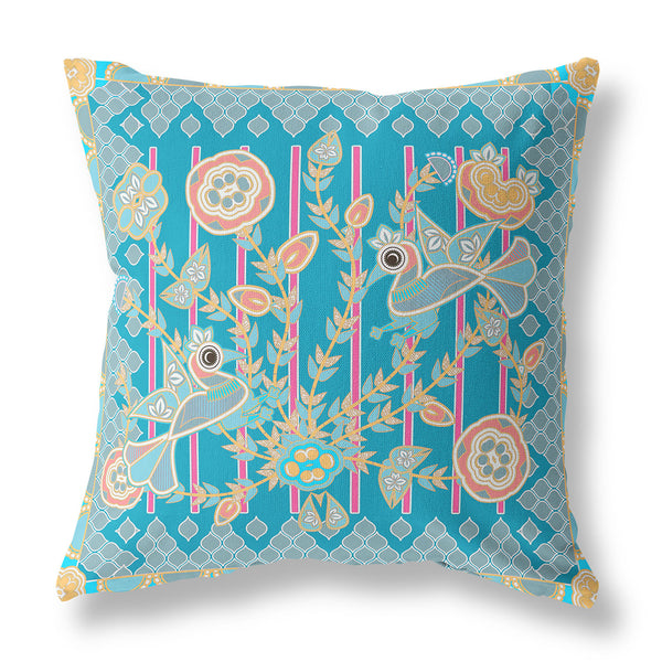 Homeroots 28" X 28" Blue And Gray Peacock Blown Seam Floral Indoor Outdoor Throw Pillow   481858