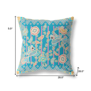 Homeroots 28" X 28" Blue And Gray Peacock Blown Seam Floral Indoor Outdoor Throw Pillow   481858