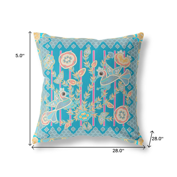 Homeroots 28" X 28" Blue And Gray Peacock Blown Seam Floral Indoor Outdoor Throw Pillow   481858