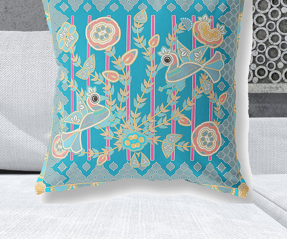 Homeroots 28" X 28" Blue And Gray Peacock Blown Seam Floral Indoor Outdoor Throw Pillow   481858