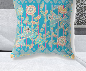 Homeroots 28" X 28" Blue And Gray Peacock Blown Seam Floral Indoor Outdoor Throw Pillow   481858