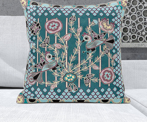 Homeroots 26" X 26" Dark Green Peacock Blown Seam Floral Indoor Outdoor Throw Pillow   481862