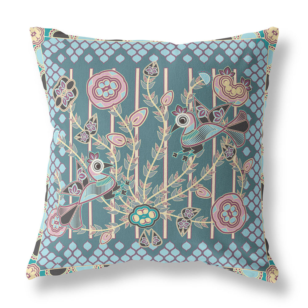 Homeroots 26" X 26" Dark Green Peacock Blown Seam Floral Indoor Outdoor Throw Pillow   481862