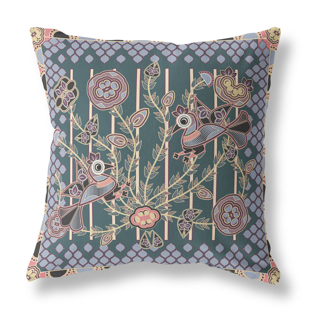 Homeroots 26" X 26" Blue And Pink Peacock Blown Seam Floral Indoor Outdoor Throw Pillow   481867