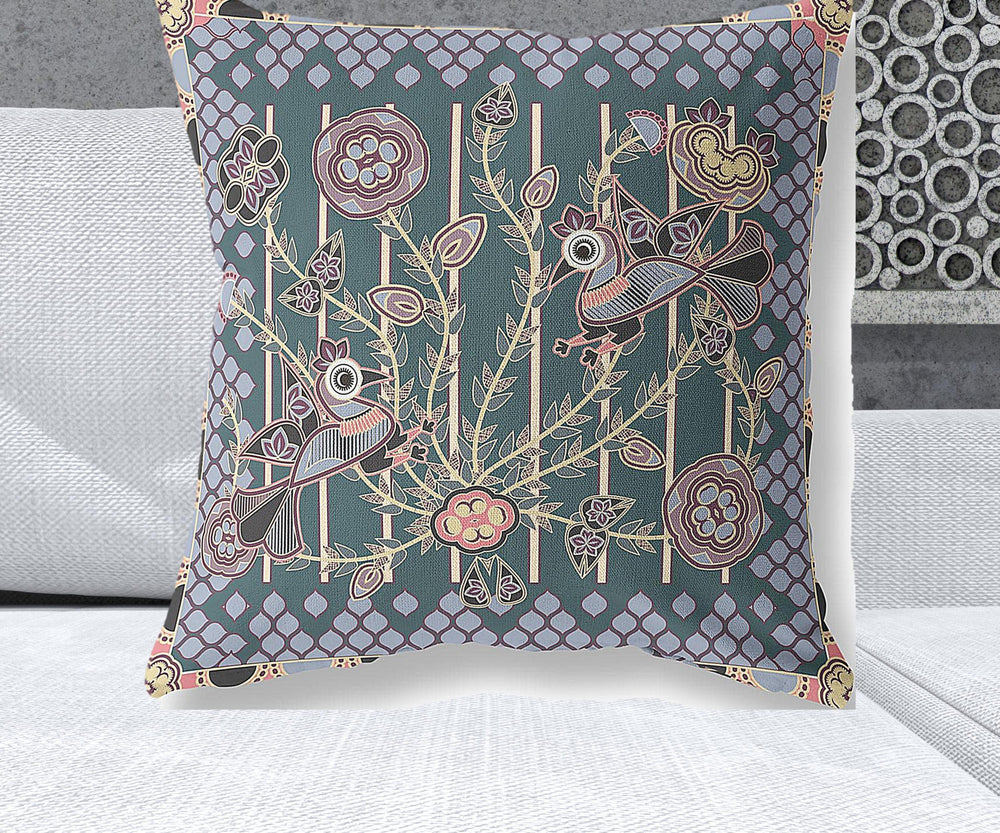 Homeroots 26" X 26" Blue And Pink Peacock Blown Seam Floral Indoor Outdoor Throw Pillow   481867