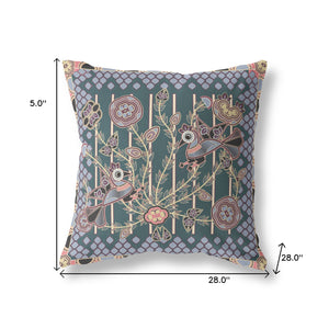 Homeroots 28" X 28" Blue And Pink Bird Blown Seam Floral Indoor Outdoor Throw Pillow   481868