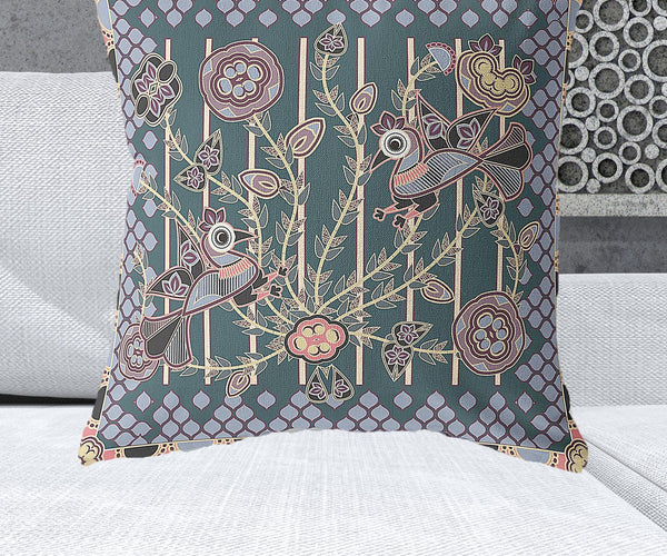 Homeroots 28" X 28" Blue And Pink Bird Blown Seam Floral Indoor Outdoor Throw Pillow   481868