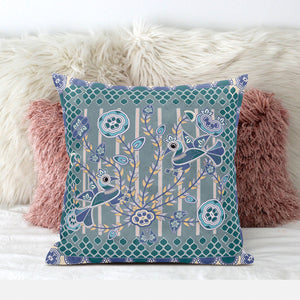 Homeroots 28" X 28" Blue And Gray Peacock Blown Seam Floral Indoor Outdoor Throw Pillow   481873