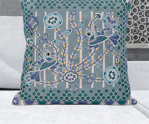 Homeroots 28" X 28" Blue And Gray Peacock Blown Seam Floral Indoor Outdoor Throw Pillow   481873