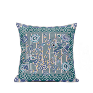 Homeroots 28" X 28" Blue And Gray Peacock Blown Seam Floral Indoor Outdoor Throw Pillow   481873