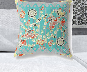 Homeroots 26" X 26" Light Blue Peacock Blown Seam Floral Indoor Outdoor Throw Pillow   481877