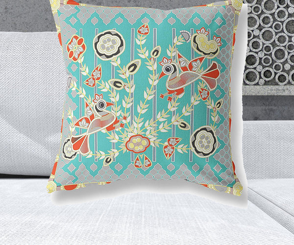 Homeroots 26" X 26" Light Blue Peacock Blown Seam Floral Indoor Outdoor Throw Pillow   481877