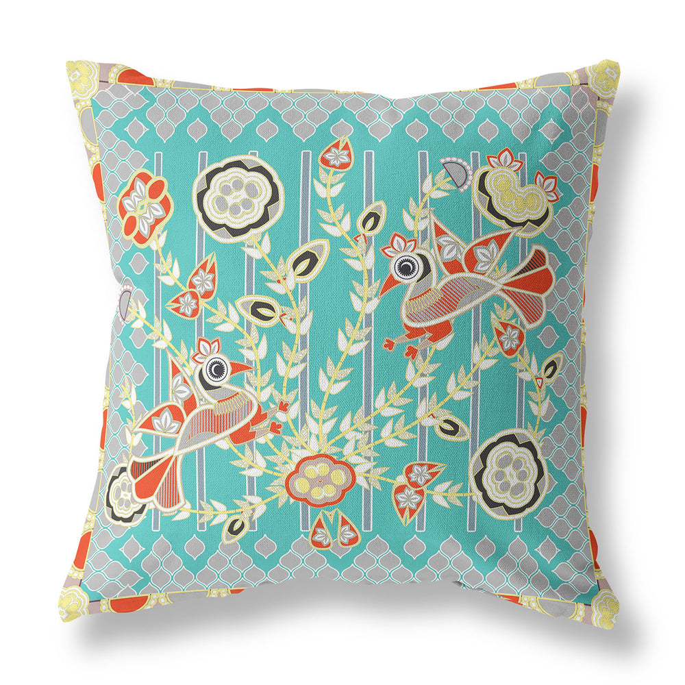Homeroots 26" X 26" Light Blue Peacock Blown Seam Floral Indoor Outdoor Throw Pillow   481877