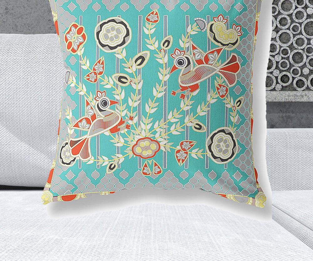 Homeroots 28" X 28" Light Blue Peacock Blown Seam Floral Indoor Outdoor Throw Pillow   481878