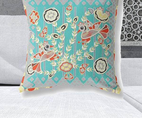 Homeroots 28" X 28" Light Blue Peacock Blown Seam Floral Indoor Outdoor Throw Pillow   481878