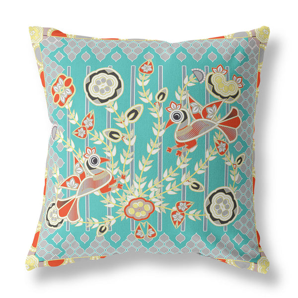 Homeroots 28" X 28" Light Blue Peacock Blown Seam Floral Indoor Outdoor Throw Pillow   481878