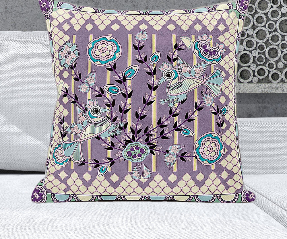 Homeroots 26" X 26" Muted Yellow Bird Blown Seam Floral Indoor Outdoor Throw Pillow   481887