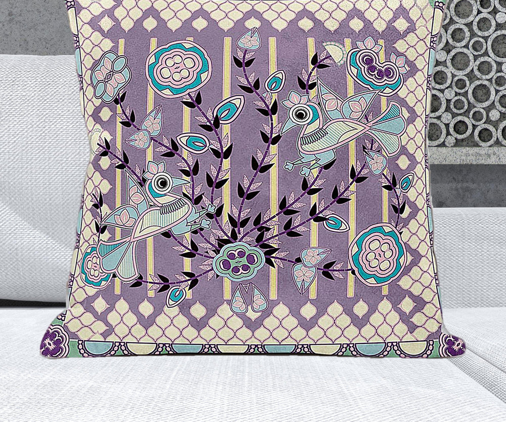 Homeroots 28" X 28" Muted Yellow Bird Blown Seam Floral Indoor Outdoor Throw Pillow   481888