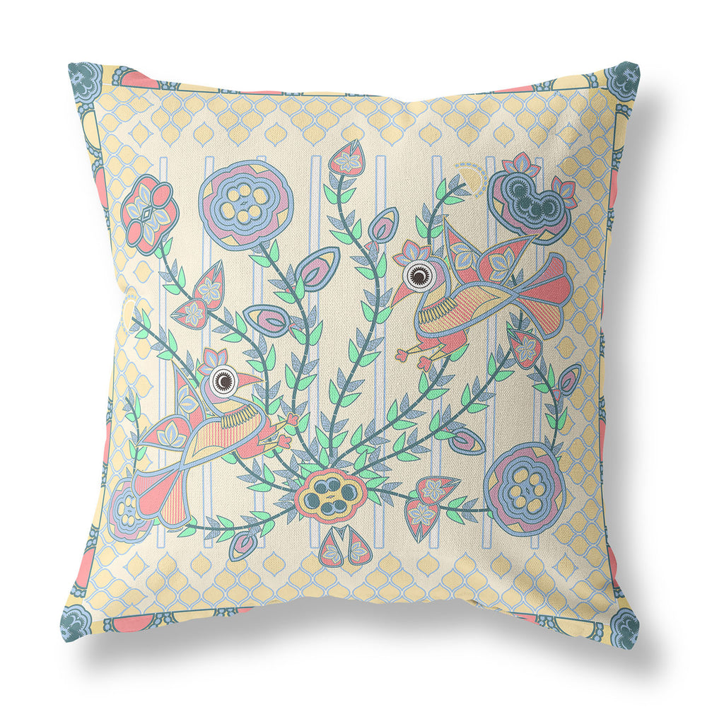 Homeroots 26" X 26" Blue And Yellow Peacock Blown Seam Floral Indoor Outdoor Throw Pillow  Polyester And Cotton Blend 481892