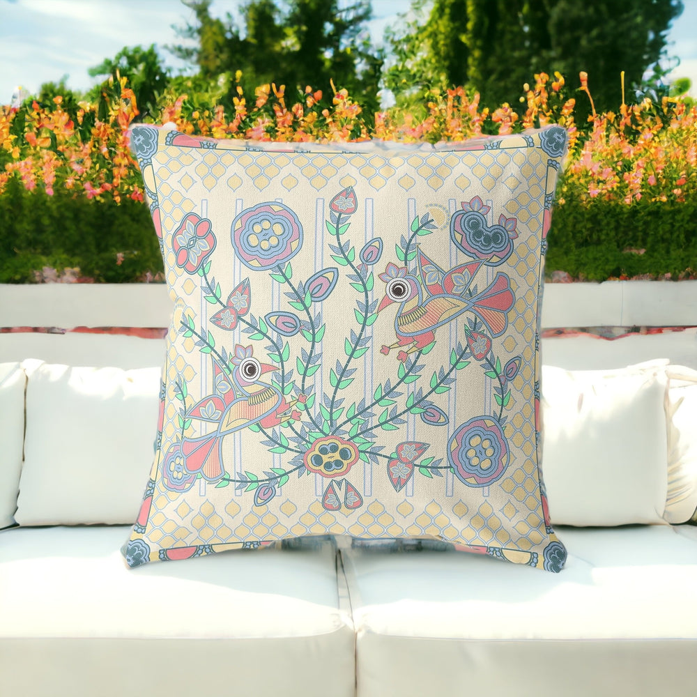 Homeroots 28" X 28" Blue And Yellow Peacock Blown Seam Floral Indoor Outdoor Throw Pillow  Polyester And Cotton Blend 481893