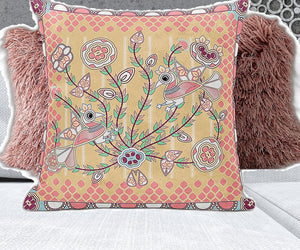 Homeroots 26" X 26" Muted White Bird Blown Seam Floral Indoor Outdoor Throw Pillow   481897