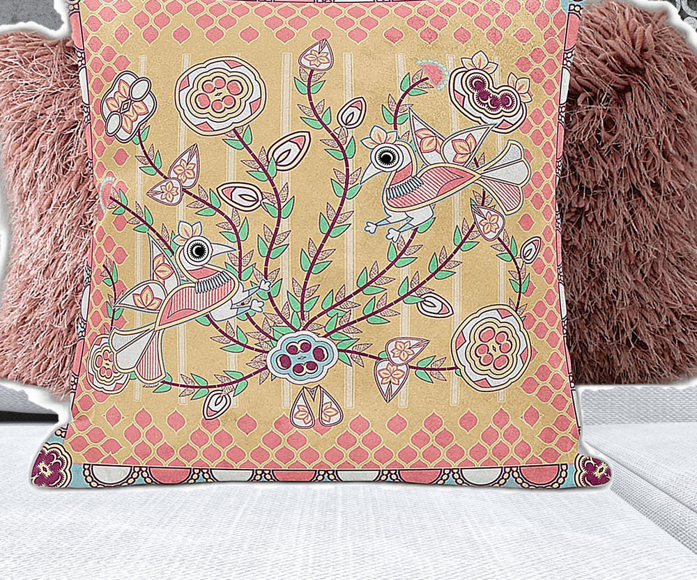 Homeroots 28" X 28" Muted White Bird Blown Seam Floral Indoor Outdoor Throw Pillow   481898