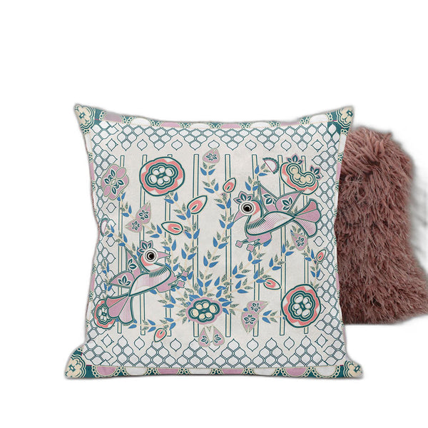 Homeroots 28" X 28" Off White Peacock Blown Seam Floral Indoor Outdoor Throw Pillow   481903