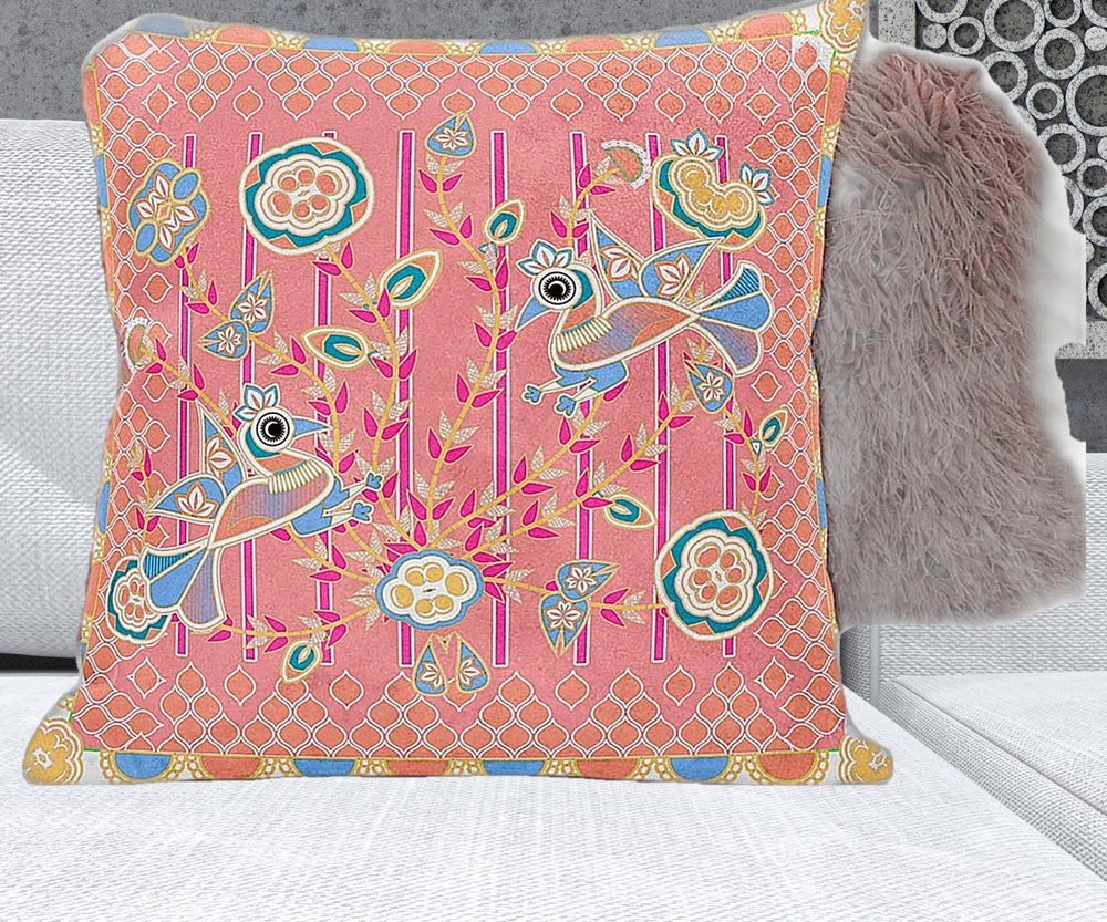 Homeroots 26" X 26" Peach And Blue Bird Blown Seam Floral Indoor Outdoor Throw Pillow   481907