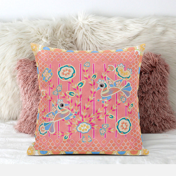 Homeroots 28" X 28" Peach And Blue Bird Blown Seam Floral Indoor Outdoor Throw Pillow   481908