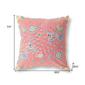 Homeroots 28" X 28" Peach And Blue Bird Blown Seam Floral Indoor Outdoor Throw Pillow   481908