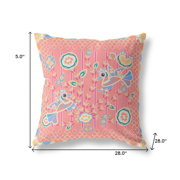 Homeroots 28" X 28" Peach And Blue Bird Blown Seam Floral Indoor Outdoor Throw Pillow   481908