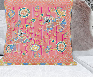 Homeroots 28" X 28" Peach And Blue Bird Blown Seam Floral Indoor Outdoor Throw Pillow   481908