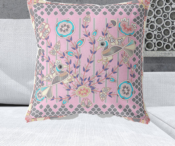 Homeroots 26" X 26" Pink Peacock Blown Seam Floral Indoor Outdoor Throw Pillow   481912
