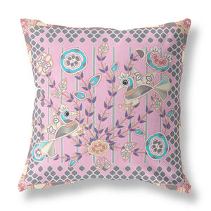 Homeroots 26" X 26" Pink Peacock Blown Seam Floral Indoor Outdoor Throw Pillow   481912
