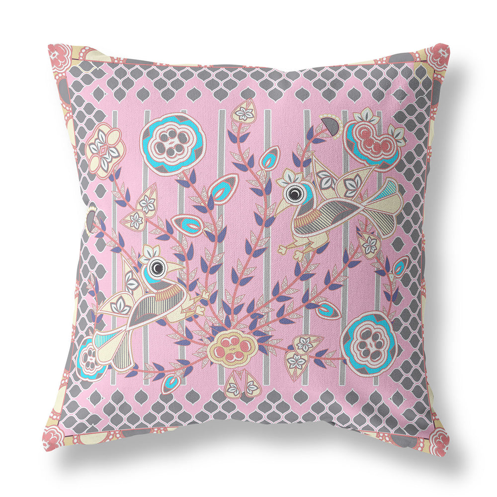 Homeroots 28" X 28" Pink Peacock Blown Seam Floral Indoor Outdoor Throw Pillow   481913
