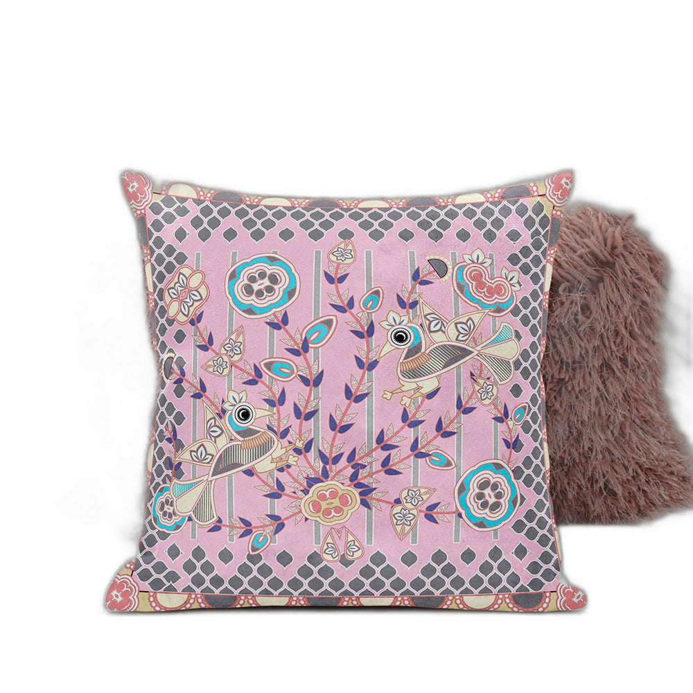 Homeroots 28" X 28" Pink Peacock Blown Seam Floral Indoor Outdoor Throw Pillow   481913