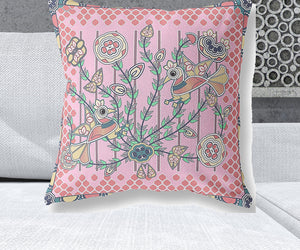Homeroots 26" X 26" Pink Peacock Blown Seam Floral Indoor Outdoor Throw Pillow   481917