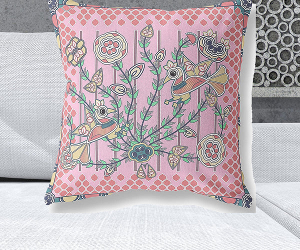 Homeroots 26" X 26" Pink Peacock Blown Seam Floral Indoor Outdoor Throw Pillow   481917
