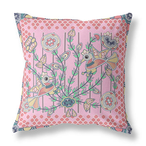 Homeroots 26" X 26" Pink Peacock Blown Seam Floral Indoor Outdoor Throw Pillow   481917