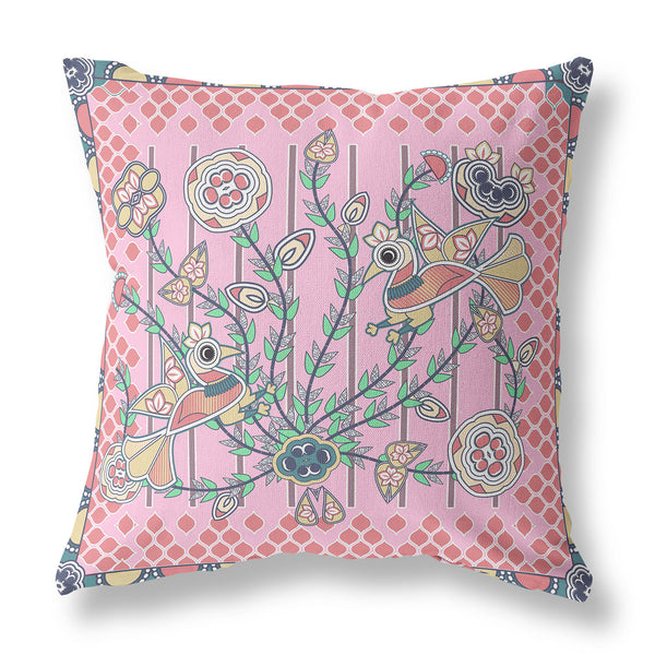 Homeroots 26" X 26" Pink Peacock Blown Seam Floral Indoor Outdoor Throw Pillow   481917