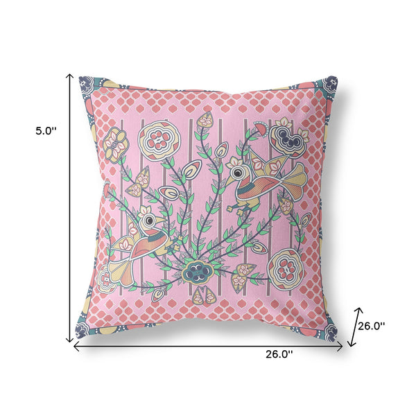 Homeroots 26" X 26" Pink Peacock Blown Seam Floral Indoor Outdoor Throw Pillow   481917