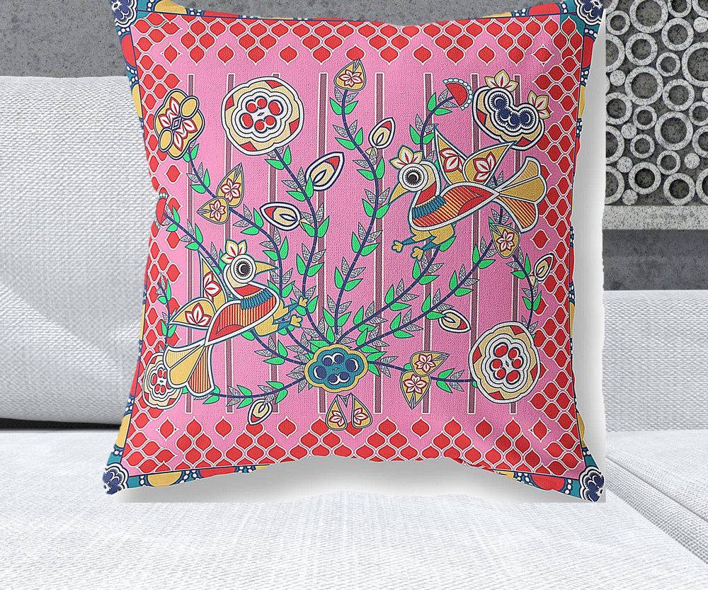 Homeroots 26" X 26" Pink Peacock Blown Seam Floral Indoor Outdoor Throw Pillow   481922