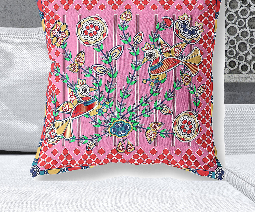 Homeroots 28" X 28" Pink Peacock Blown Seam Floral Indoor Outdoor Throw Pillow   481923