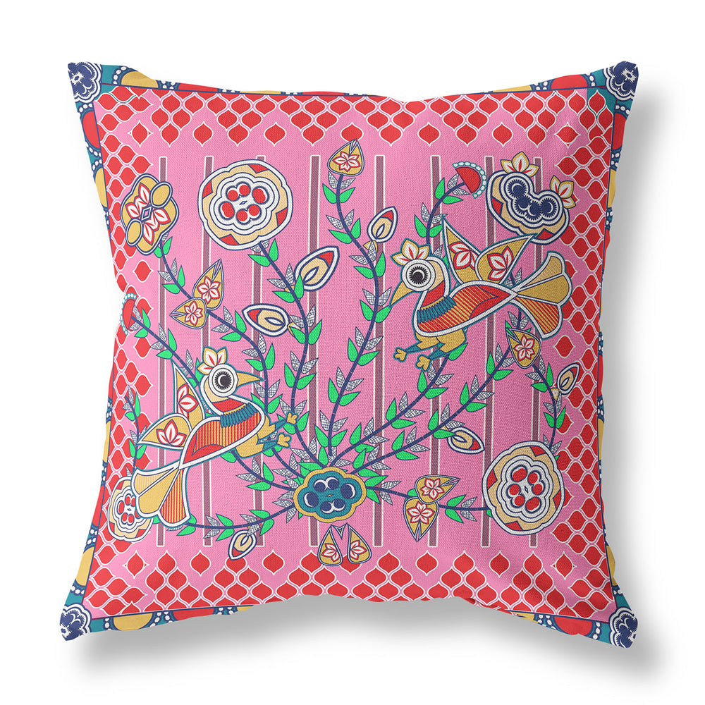 Homeroots 28" X 28" Pink Peacock Blown Seam Floral Indoor Outdoor Throw Pillow   481923