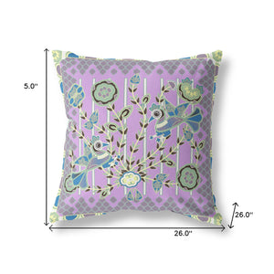Homeroots 26" X 26" Purple And Yellow Bird Blown Seam Floral Indoor Outdoor Throw Pillow   481927