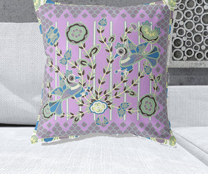 Homeroots 26" X 26" Purple And Yellow Bird Blown Seam Floral Indoor Outdoor Throw Pillow   481927