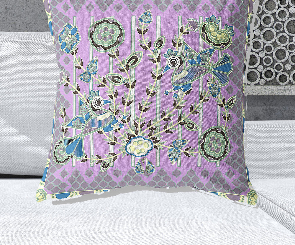 Homeroots 28" X 28" Purple And Yellow Bird Blown Seam Floral Indoor Outdoor Throw Pillow   481928